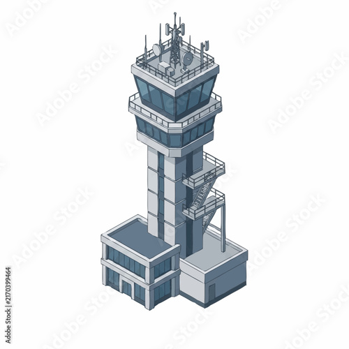 Modern airport control tower with radar antennas on top.