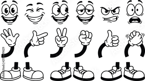 Retro vintage cartoon character constructor kit with facial expressions gloved hands and shoes constructor elements vector 