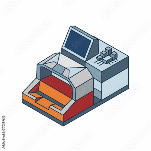 Modern office printer with open paper tray and monitor.