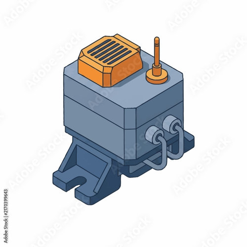 Isometric illustration of a futuristic robot with orange head.