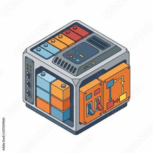 Colorful isometric illustration of a futuristic control panel with storage compartments.