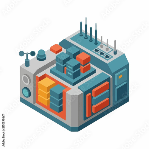 Colorful isometric illustration of a modern data center server room.