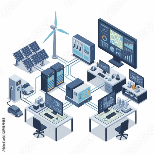 Modern smart office with renewable energy and data analytics systems.