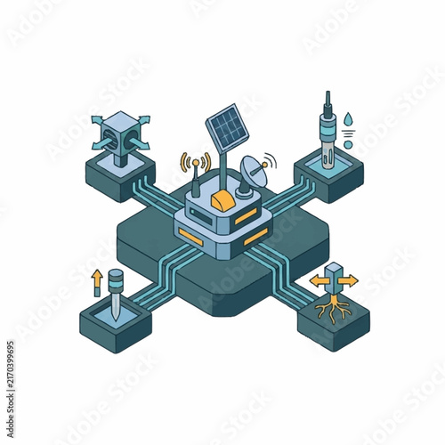 Isometric illustration of interconnected smart city technology network.