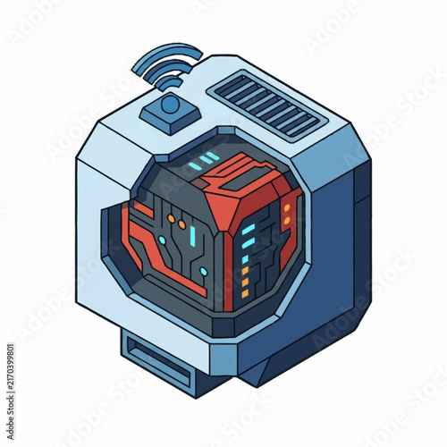 Futuristic sci-fi device with glowing red controls and wireless antenna.