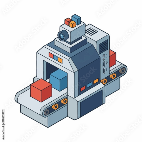 Isometric illustration of a modern automated warehouse conveyor system.