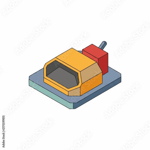 Isometric illustration of a retro microwave oven on a stand.