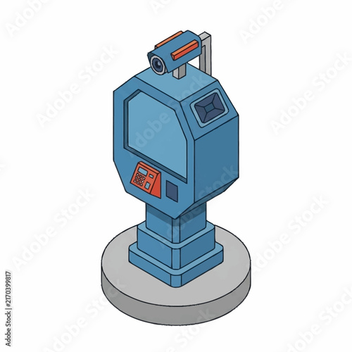 Isometric illustration of a futuristic security camera on a pedestal.