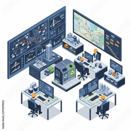Modern high-tech control room with multiple monitors and workstations.