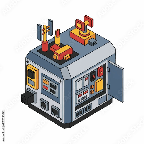 Colorful Isometric Pixel Art Data Center Building.
