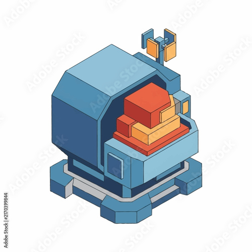 Isometric pixel art illustration of a futuristic robot head.