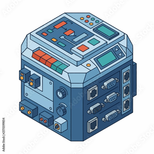 Isometric illustration of a futuristic electronic device with ports and screens.