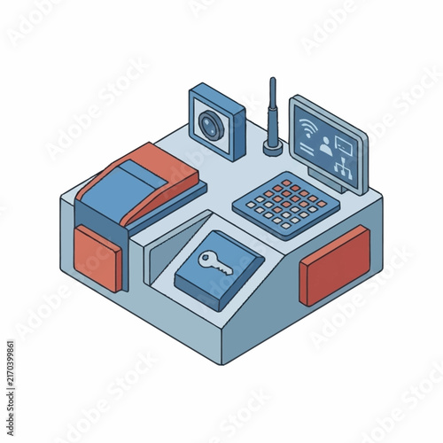 Isometric illustration of modern computer workstation setup with tools.