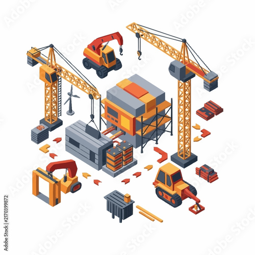 Isometric construction site with cranes and heavy machinery.