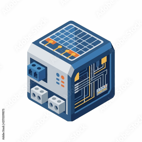 Isometric illustration of a futuristic computer server with circuit board design.