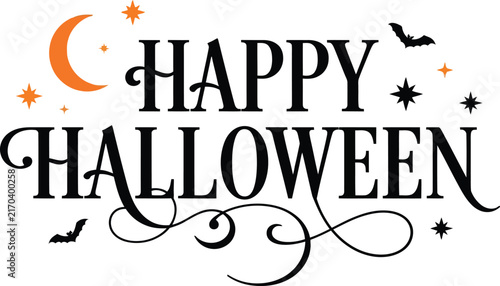 A festive Happy Halloween typography design featuring an elegant serif font, a crescent moon icon, a perched raven, and decorative floral flourishes.