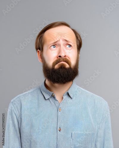 Crying man with a beard looking upwards in sadness