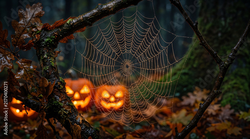 Spider web with dew drops and glowing jack-o-lanterns in a dark autumn forest at night