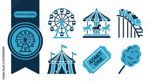Premium ferris wheel icon set, six flat vector variations, navy blue ribbon badge design, isolated on white background, ideal for amusement, carnival and fun themes, premium vector