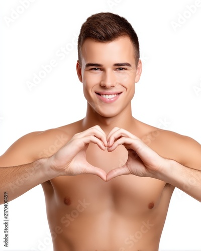 Handsome man with shirtless torso making a heart shape with hands