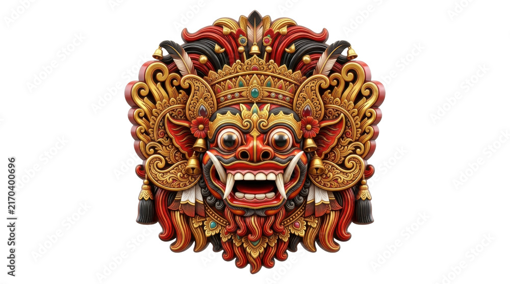 Fototapeta premium Intricate balinese barong mask carving with traditional golden and red ornate decorations.