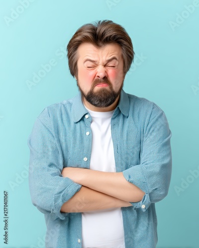 Middle aged man with beard making a cringing and embarrassed facial expression