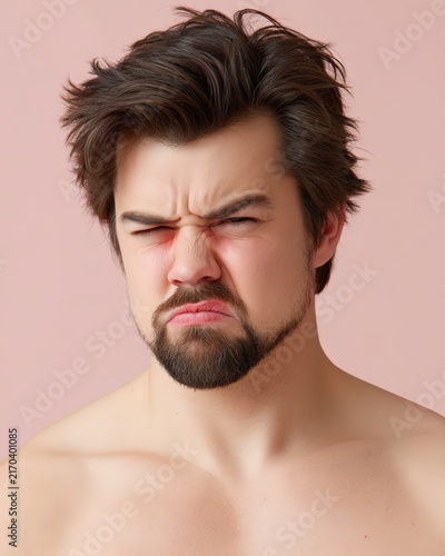 Portrait of young man with beard making a disgusted and cringing face