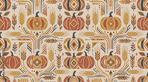 Seamless autumn pattern with geometric pumpkins and wheat stalks in folk art style