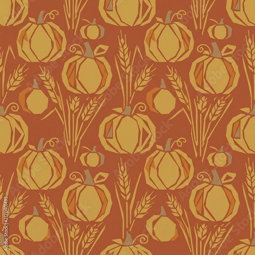 Seamless autumn pattern with hand drawn pumpkins and wheat stalks on terracotta background