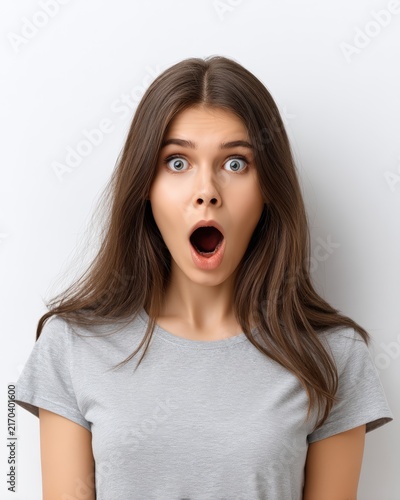 Shocked young woman looking at camera with open mouth and surprised facial expression