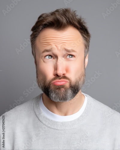 Expressive man with beard making a sad and disappointed facial expression