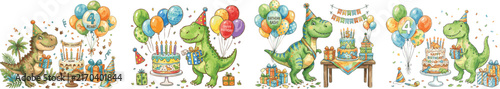 Dinosaur birthday party set with T rex, gift, balloon, cake, candles and party hat in a hand drawn style, vector watercolor isolated on white