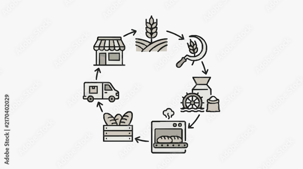 Fototapeta premium Illustrated Process of Bread Production from Farm to Bakery