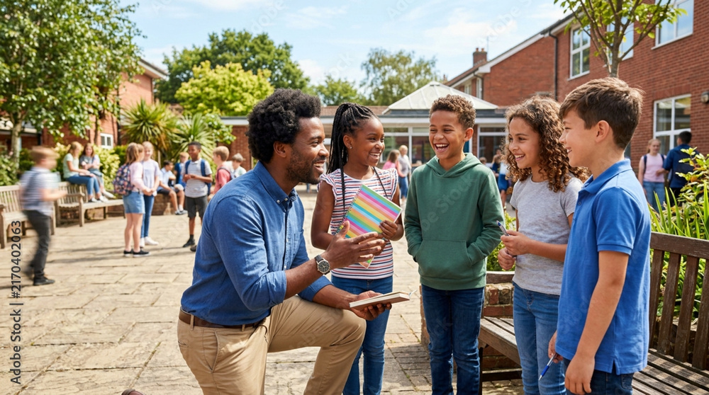 Fototapeta premium Happy Diverse Group of Elementary Students Talking with Male Teacher in Schoolyard