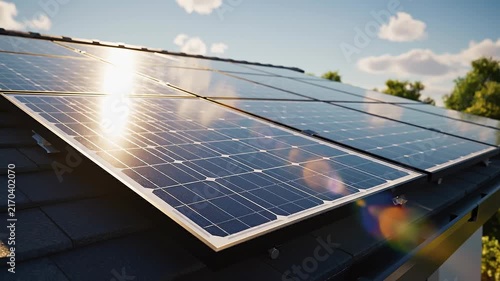 Close up of solar panels on a rooftop reflecting sunlight on a clear sunny day with blue sky and clouds