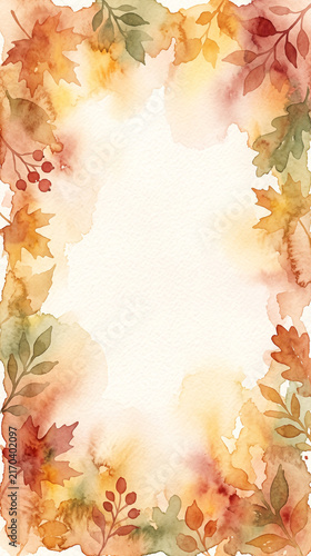 Watercolor Autumn Leaves Border and Frame Background for Fall Season