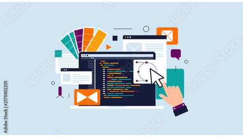 Web design and development process illustration with coding screen, color swatches, vector graphics, ui ux wireframes and user interaction elements.