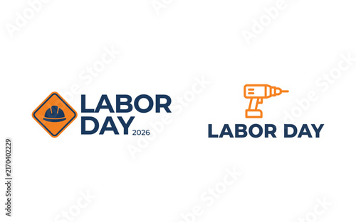 Minimalist labor day 2026 celebration graphic featuring a construction hard hat icon and a power drill icon with bold dark blue and orange color scheme