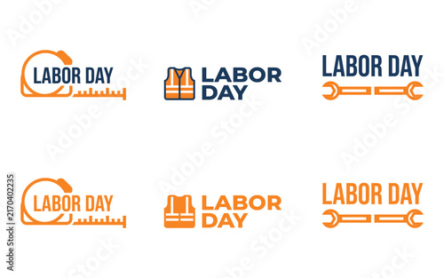 Set of labor day icons featuring construction tools and safety gear designs with measuring tape wrench and high visibility vest for holiday celebration graphic elements