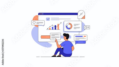 Business analyst analyzing data dashboard vector illustration. Man reviewing financial report, statistics, bar graphs, and charts on web UI screen.