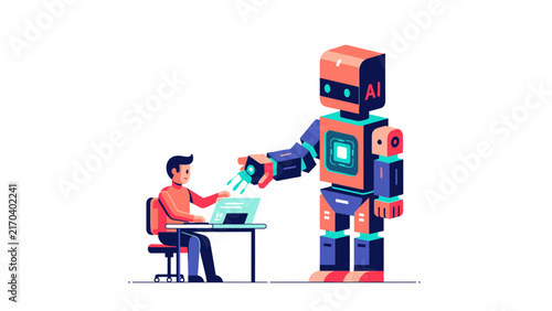 Modern vector illustration of programmer working on laptop with giant AI robot helper, representing artificial intelligence and collaboration.