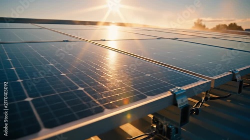 Close up of solar panels capturing sunlight during golden hour for sustainable energy generation