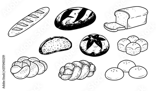 Assorted bakery bread baguette loaf and white bread slice hand drawn vector set