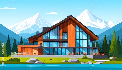 Modern wooden house with glass walls in mountain valley.