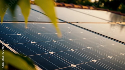 Close up of solar panels capturing sunlight for sustainable energy with green leaves in natural environment