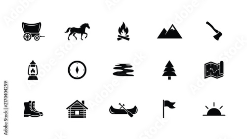 Black and white icons representing outdoor adventure essentials with Collection silhouetted icons illustrating key items symbols associated outdoor travel wilderness activities
