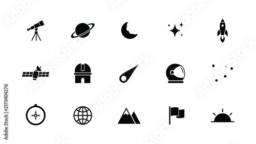 Set of black and white space exploration and astronomy icons arranged in clean grid pattern with exploration equipment monochrome representing space related