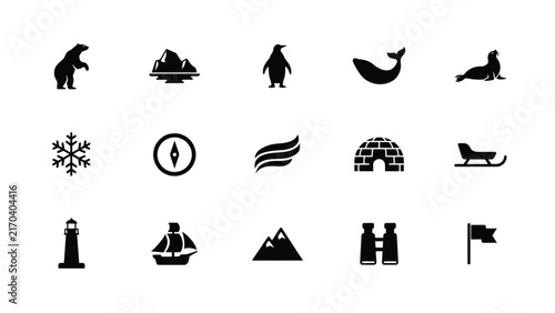 Black and white icons depicting arctic wildlife and exploration elements in minimalist style with animals landmarks exploration subjects with exploration tools