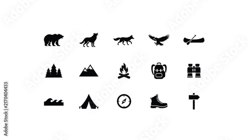 Black and white icons of wilderness adventure symbols arranged in a clean grid layout with nature landmarks uniform grid design outdoor themed visuals