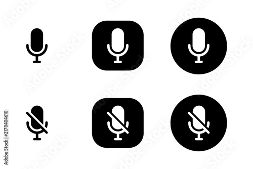 Microphone and mute icon set in three styles-plain solid, rounded square, and circle. Mic on and mic off black vector symbols for app, video call, and UI design.